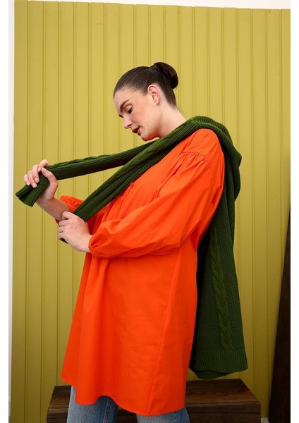 Koyu Turuncu-Gömlek Yakalı Büzgü Detaylı Oversize Tunik indirimleri