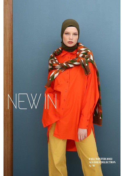 Turuncu-Oversize Cepli Gömlek Tunik