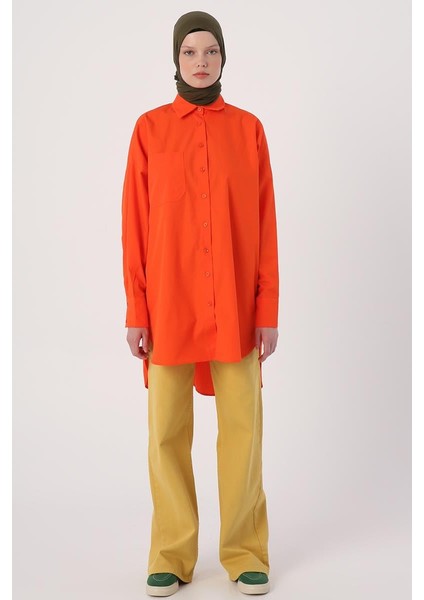 Turuncu-Oversize Cepli Gömlek Tunik