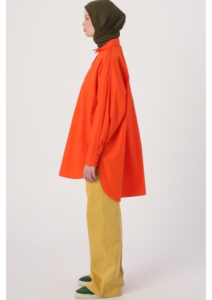 Turuncu-Oversize Cepli Gömlek Tunik