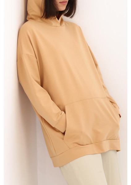 Açık Bej-Kapüşonlu Sweat Tunik