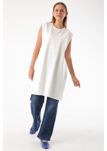 Ekru-Yaka Biyeli Kolsuz T-Shirt Tunik