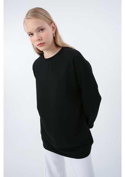 Siyah-Bisiklet Yaka Reglan Kol Sweatshirt