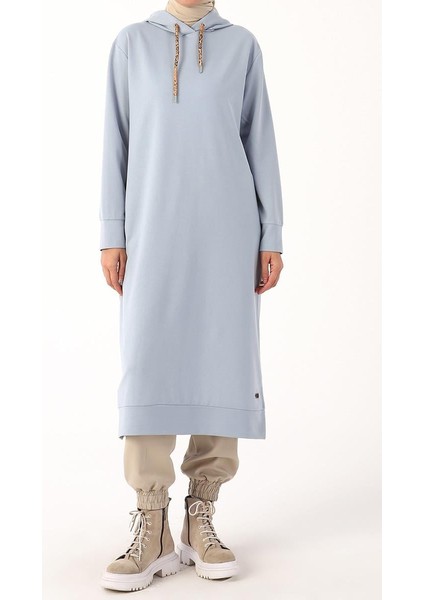 Açık Mavi-Leopar Bağcıklı Kapüşonlu Rahat Tunik