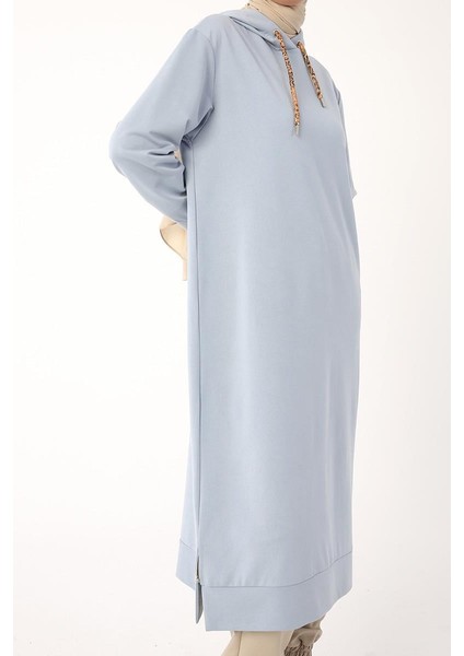 Açık Mavi-Leopar Bağcıklı Kapüşonlu Rahat Tunik
