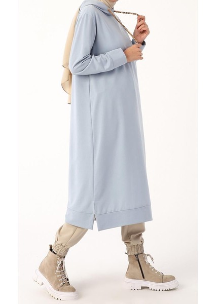 Açık Mavi-Leopar Bağcıklı Kapüşonlu Rahat Tunik