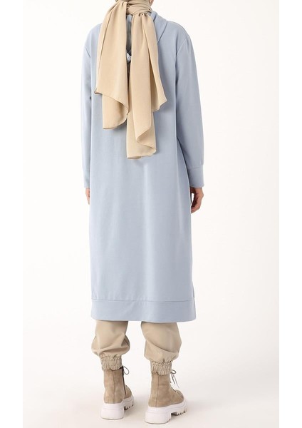 Açık Mavi-Leopar Bağcıklı Kapüşonlu Rahat Tunik