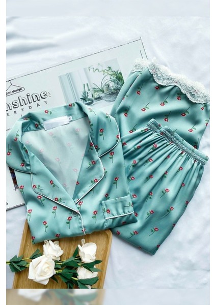 Kadın Mavi Jasmine Summer Gömlek Yaka Saten Pijama Takımı 2li