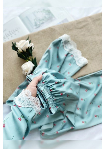 Kadın Mavi Jasmine Summer Gömlek Yaka Saten Pijama Takımı 2li