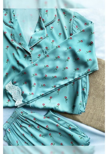 Kadın Mavi Jasmine Summer Gömlek Yaka Saten Pijama Takımı 2li