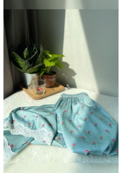 Kadın Mavi Jasmine Summer Gömlek Yaka Saten Pijama Takımı 2li