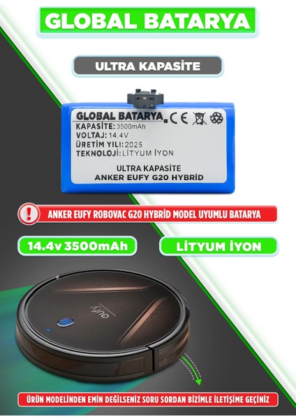 Anker Eufy Robovac G20 Hybrid Uyumlu Akıllı Robot Süpürge Bataryası 14.4V 3500MAH Li-Ion Pil (Ultra Kapasite)
