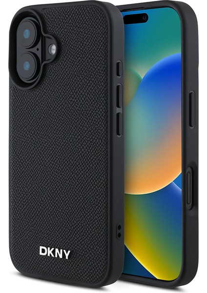 iPhone 16 Kılıf Dkny Orjinal Lisanslı Magsafe Şarj Özellikli Metal Logolu Pu Deri Grained Siyah
