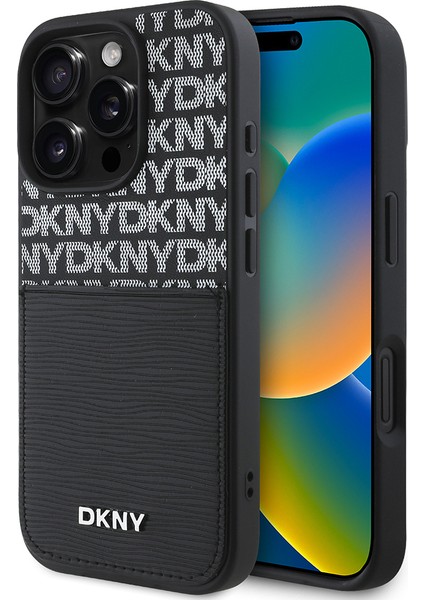 iPhone 16 Pro Max Kılıf Dkny Orjinal Lisanslı Kartlıklı 3D Yazılı Repeat Texture Pattern Kapak Siyah