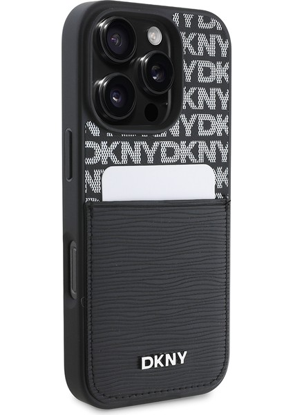 iPhone 16 Pro Max Kılıf Dkny Orjinal Lisanslı Kartlıklı 3D Yazılı Repeat Texture Pattern Kapak Siyah modelleri