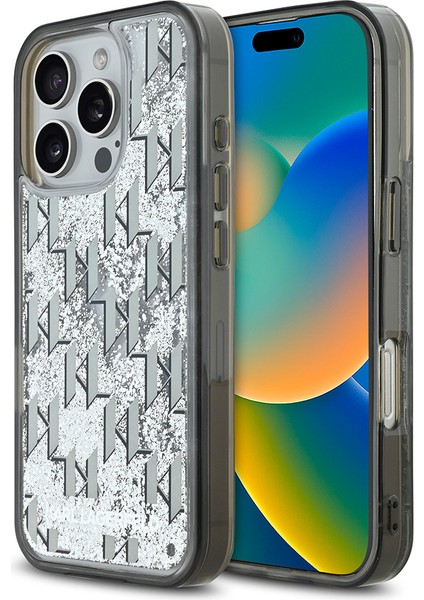 iPhone 16 Pro Kılıf Karl Lagerfeld Orjinal Lisanslı Simli Kl Yazılı Monogram Gradient Kapak Siyah