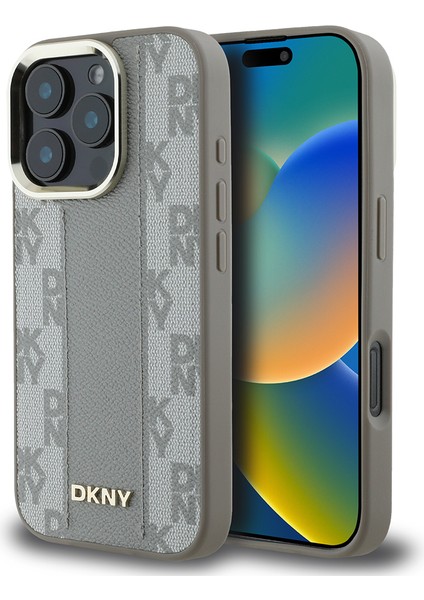 iPhone 16 Pro Kılıf Dkny Orjinal Lisanslı Magsafe Şarj Özellikli 3D Yazılı Checkered Pattern Bej