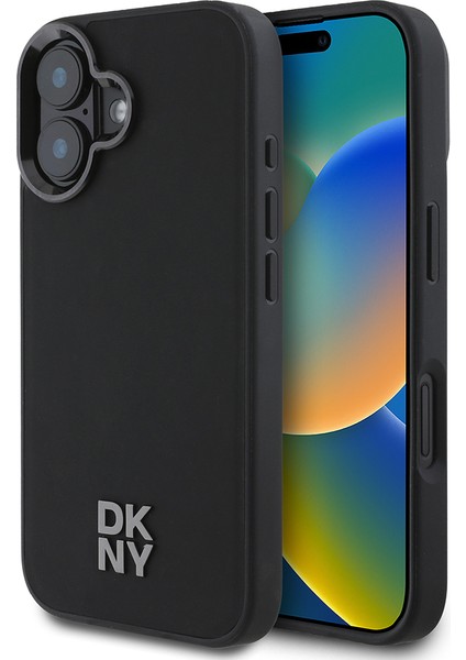 iPhone 16 Kılıf Dkny Orjinal Lisanslı Magsafe Şarj Özellikli Metal Logolu Pu Deri Plain Kapak Siyah