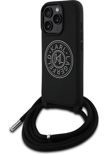 iPhone 16 Pro Kılıf Karl Lagerfeld Lisanslı Askı Ipli Taşlı Kl Yazılı Crossbody Cord Kapak Siyah