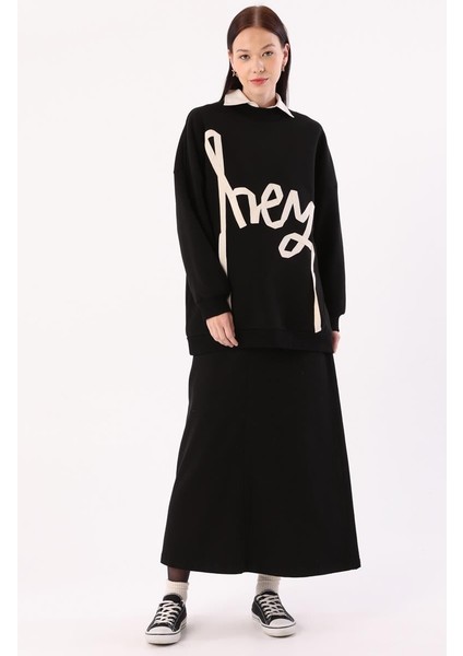 Siyah-Oversize Şardonlu Şerit Detaylı Sweatshirt