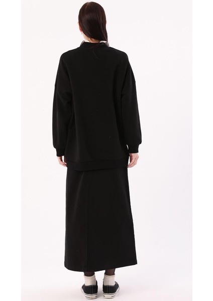 Siyah-Oversize Şardonlu Şerit Detaylı Sweatshirt