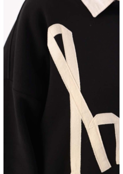 Siyah-Oversize Şardonlu Şerit Detaylı Sweatshirt
