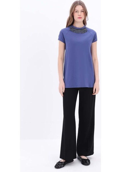 Indigo-Pamuklu Püskül Detaylı Kısa Kollu T-Shirt