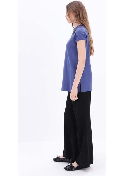 Indigo-Pamuklu Püskül Detaylı Kısa Kollu T-Shirt fiyatları