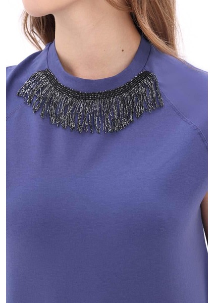 Indigo-Pamuklu Püskül Detaylı Kısa Kollu T-Shirt indirimleri