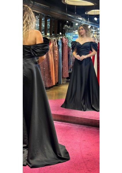 Siyah Düşük Kollu Anvelop Yırtmaçlı Kloş Etekli Saten Uzun Abiye Elbise 7568 indirimleri