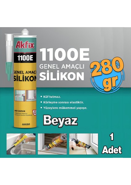 Beyaz Genel Amaçlı Silikon Yapıştırma Sızıntı Önleyici Dolgu Silikonu 1100E 280 gr 1 Adet