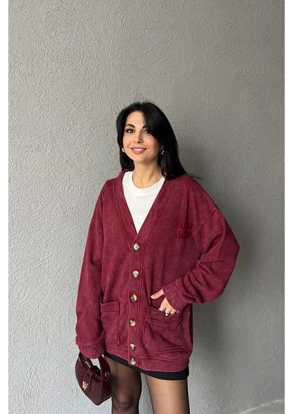 Bordo Logo Detay Yıkamalı Hırka
