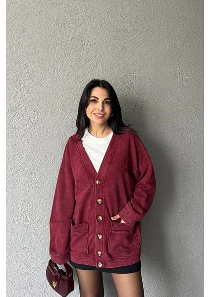 Bordo Logo Detay Yıkamalı Hırka