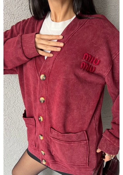 Bordo Logo Detay Yıkamalı Hırka