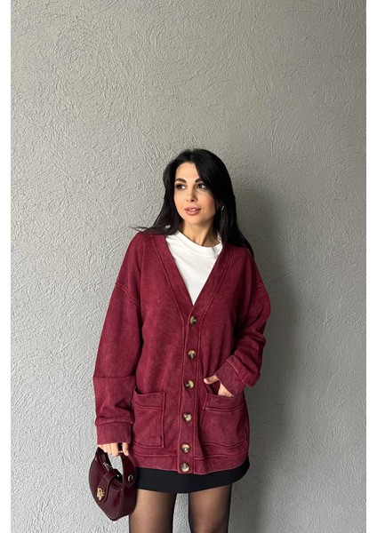 Bordo Logo Detay Yıkamalı Hırka