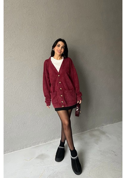 Bordo Logo Detay Yıkamalı Hırka