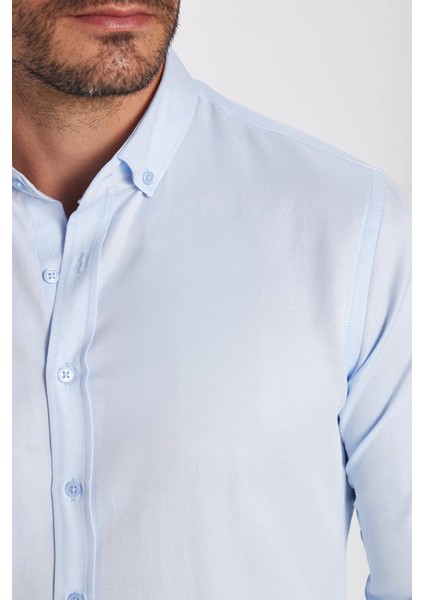 Erkek Slim Fit Dar Kesim Pamuklu Kolay Ütü Mavi Düğmeli Yaka Gömlek modelleri