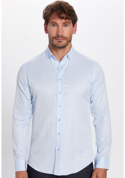 Erkek Slim Fit Dar Kesim Pamuklu Kolay Ütü Mavi Düğmeli Yaka Gömlek fırsatları