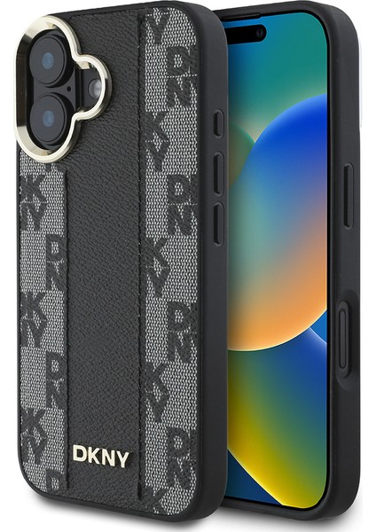 iPhone 16 Kılıf Dkny Orjinal Lisanslı Magsafe Şarj Özellikli 3D Yazılı Checkered Pattern Kapak Siyah