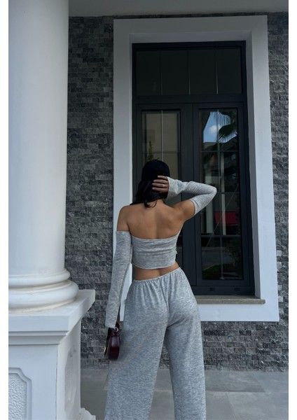 Gri Düşük Omuz Bluz Pantolon Ikili Takım modelleri