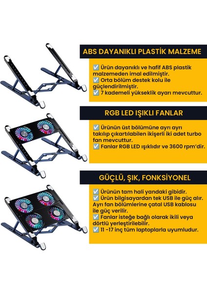 Upway 3600RPM 4 Turbo Fanlı 7 Kademe Yükseklik Ayarlı LED Işıklı Soğutuculu Katlanabilir Dizüstü Laptop Standı