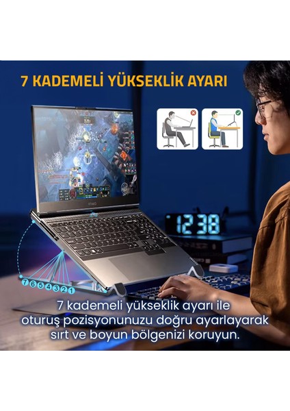 Upway 3600RPM 4 Turbo Fanlı 7 Kademe Yükseklik Ayarlı LED Işıklı Soğutuculu Katlanabilir Dizüstü Laptop Standı