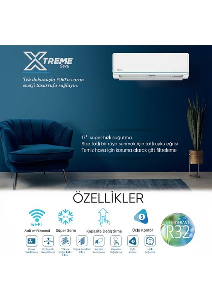 Midea 2025 Model Yeni Nesil A+++ Xtreme Save AG2Eco-24NXD0-I Duvar Tipi 24.000 Btu Wi-Fi İnv. Klima (MONTAJ DAHİL DEĞİLDİR!)