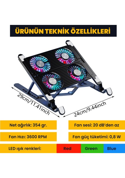 Upway 3600RPM 4 Turbo Fanlı 7 Kademe Yükseklik Ayarlı LED Işıklı Soğutuculu Katlanabilir Dizüstü Laptop Standı