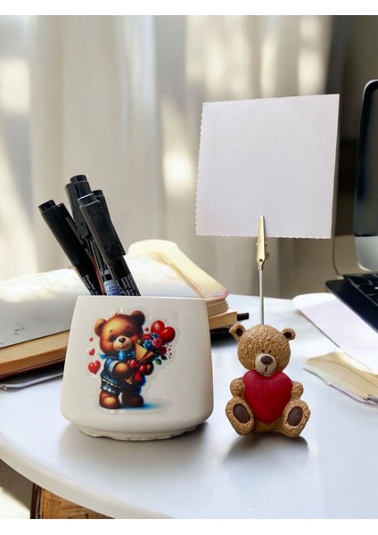 Sevimli Kalp Tutan Ayı Fotoğraf Not Tutacağı Balonlu Ayı Kalemlik Ofis Seti Hediyelik Tutacak fiyatları