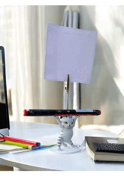 Gri Çigili Kalem Tutabilen Dansçı Kedi Fotoğraf Not Tutacağı Ofis Masası Hediyelik