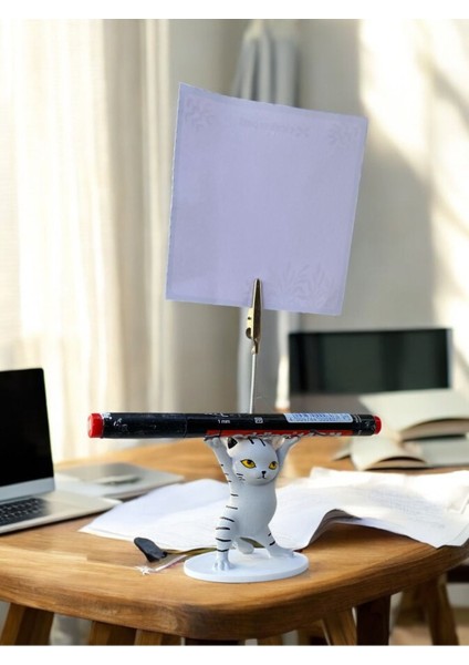 Gri Çigili Kalem Tutabilen Dansçı Kedi Fotoğraf Not Tutacağı Ofis Masası Hediyelik modelleri