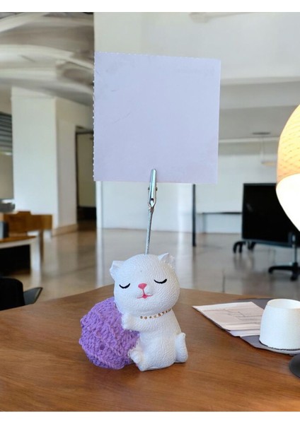 Lila Yumak Tutan Oturan Kawaii Kedi Temalı Not Tutacağı Fotoğraf Tutacak Tutucu Ofis Seti Hediyelik