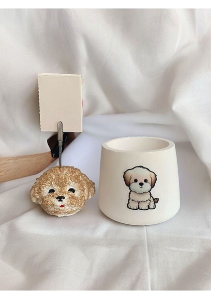 Sevimli Poodle Köpek Temalı Kalemlik Saksı ve Not Tutucu Seti