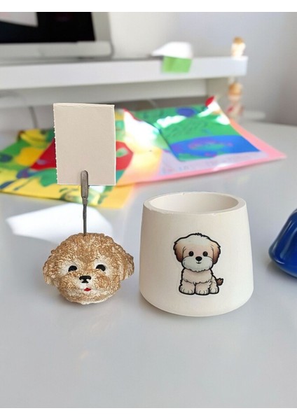 Sevimli Poodle Köpek Temalı Kalemlik Saksı ve Not Tutucu Seti modelleri